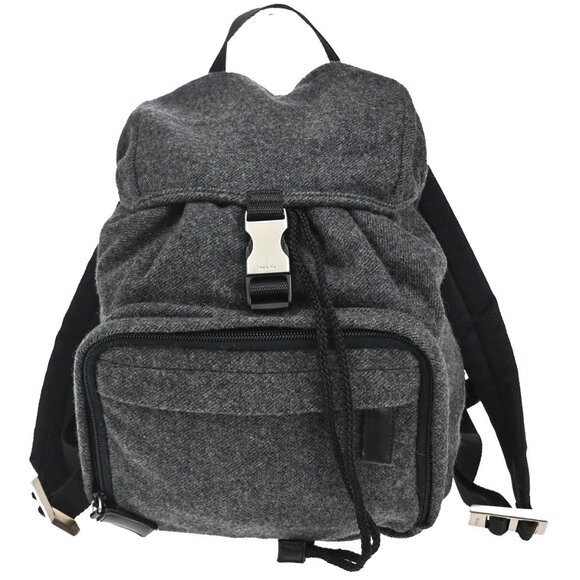 PRADA Logo Drawstring Backpack Bag Wool Leather Gray Black 338-082725 - Picture 1 of 16